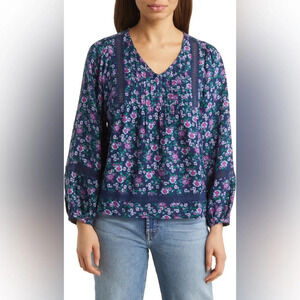 Lucky Brand Pintuck & Embroidery Cotton Blend Peasant Blouse, Navy, XXL, NWT